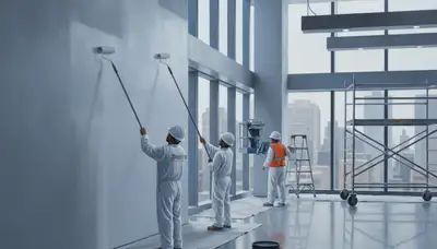 Commercial painters in Pittsburgh, PA applying exterior paint on a commercial building