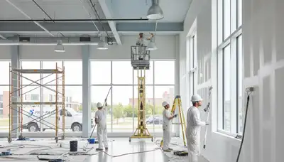 Commercial painters in Pittsburgh, PA applying durable exterior coating on a commercial building