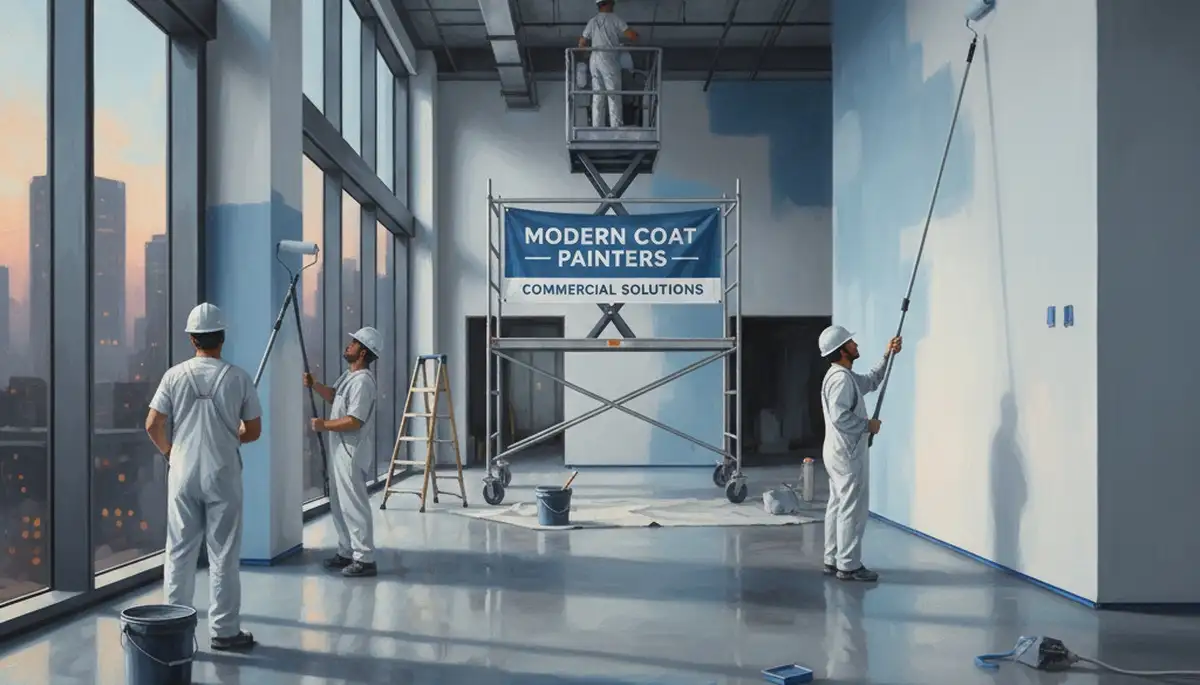 Commercial painters in Pittsburgh, PA applying durable exterior coating on a commercial building