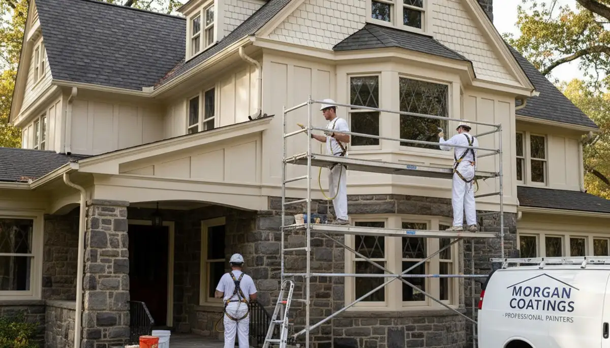 Professional Pittsburgh, PA painting service team preparing a home exterior repaint