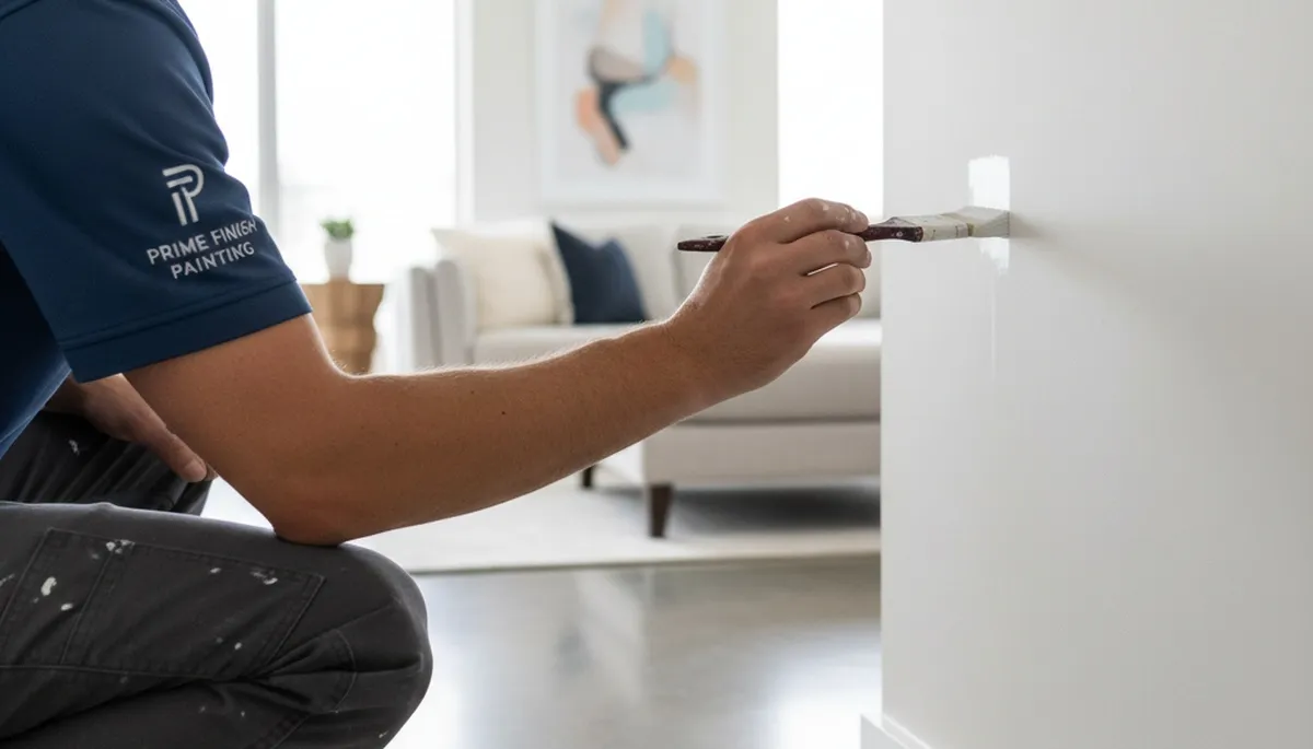 Painter applying paint touch-ups in Pittsburgh, PA for chipped trim and scuffed interior walls