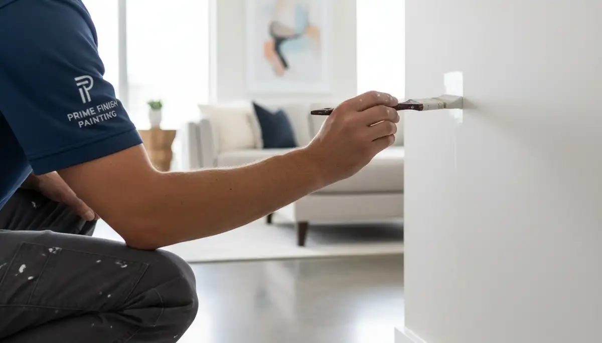 Painter applying paint touch-ups in Pittsburgh, PA for chipped trim and scuffed interior walls